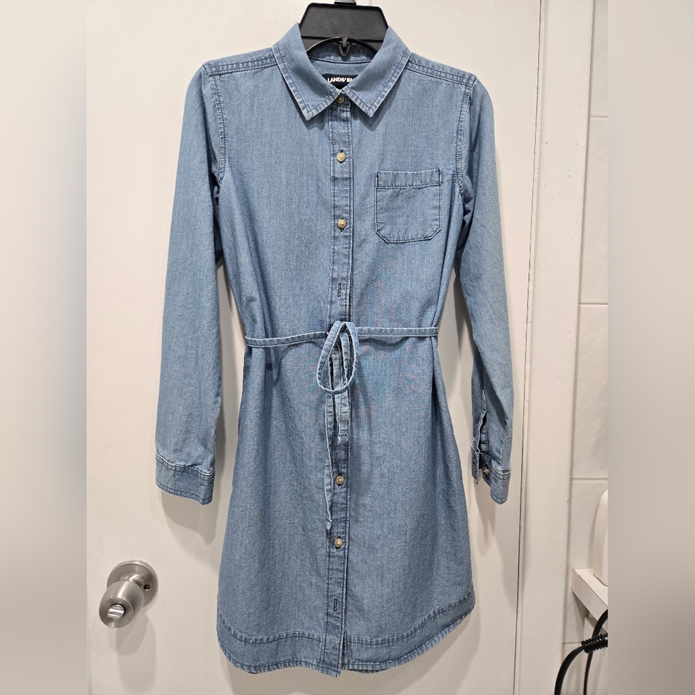 Lands' End Blue Notched Collar Cuffed Sleeve Dress